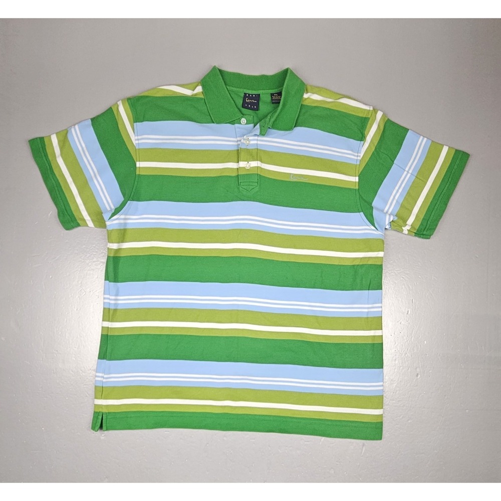 Karl Kani Gold Polo Shirt Mens 2XL. Vintage Green Striped Hip Hop Short Sleeve